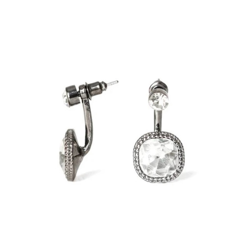 paparazzi Clear Crystal Double-Stud Drop Earrings in Gunmetal Tone